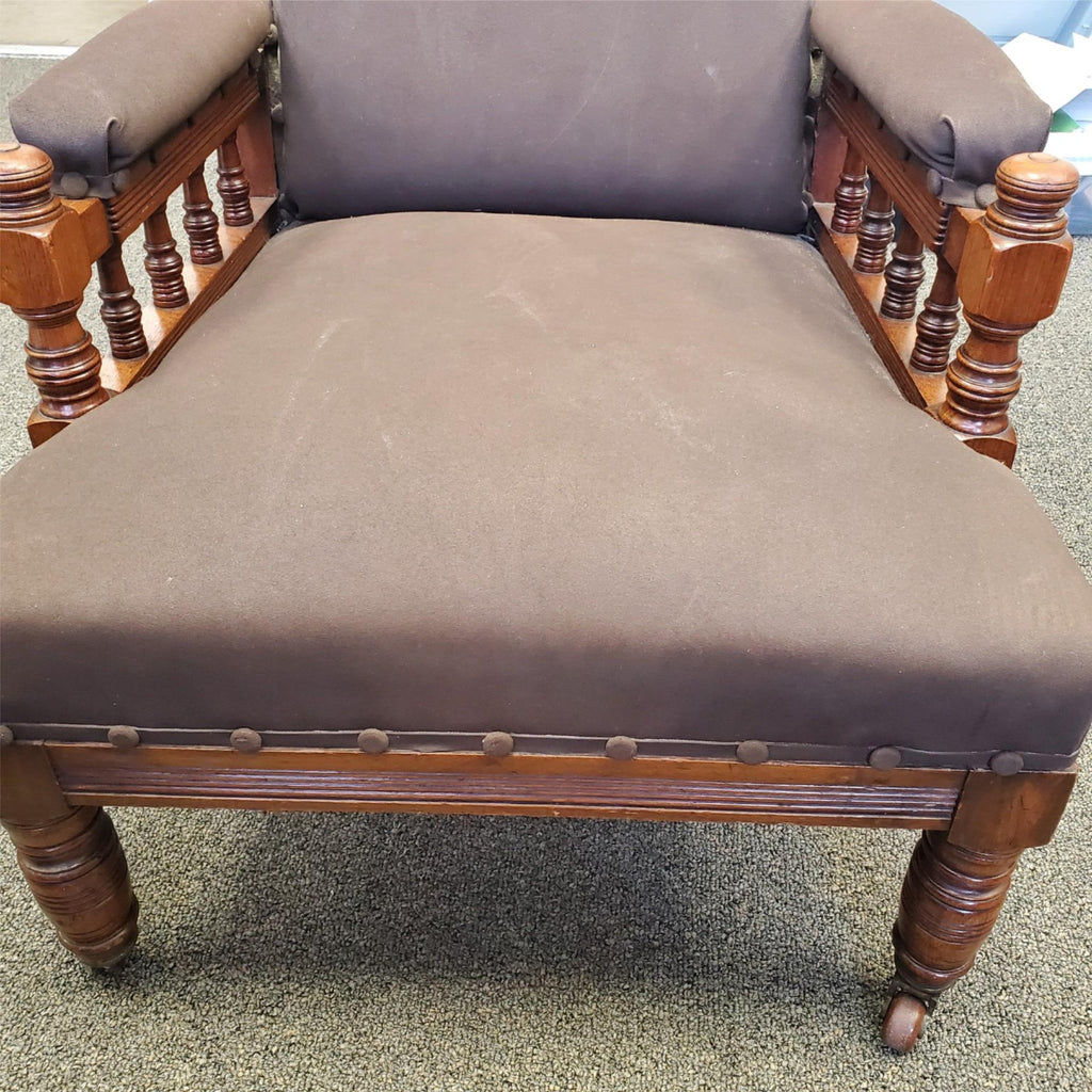 Antique Ornately Carved Wood Framed Fabric Victorian Throne Armchair
