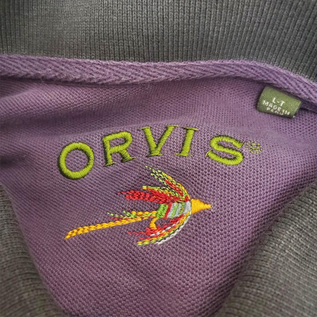 Orvis Men's Black Short Sleeve Size L-T Polo Shirt with Purple Collar