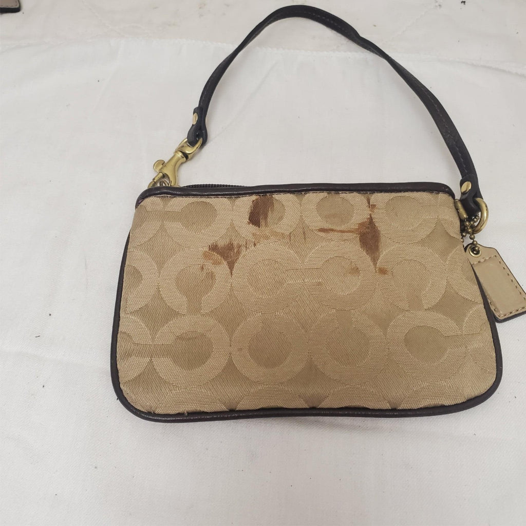 Vintage COACH Wristlet Khaki Brown Purse Leather Trim - Coach ID tag