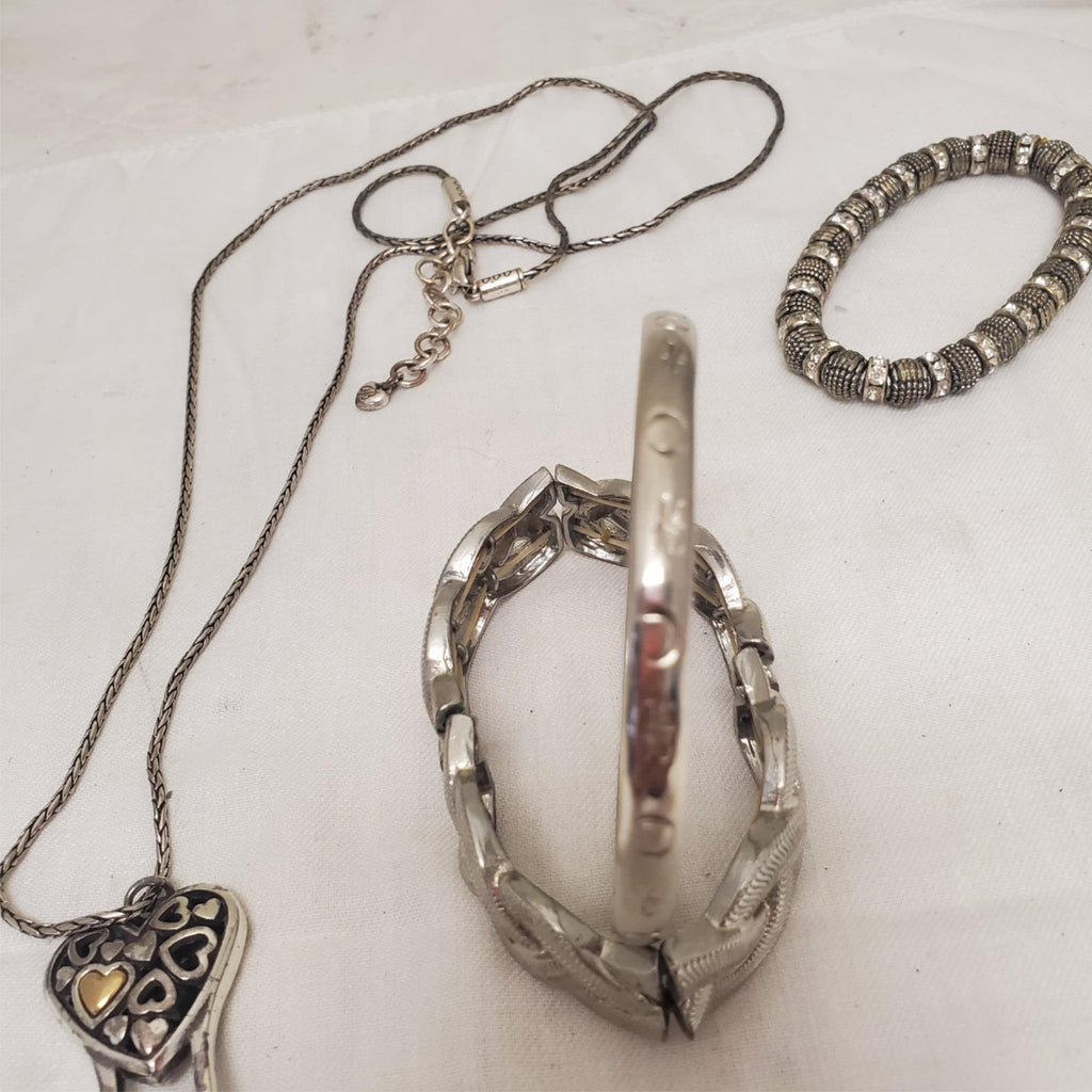 Brighton Floating Hearts Badge Clip Necklace, Silver Textured Curb Link Bracelet