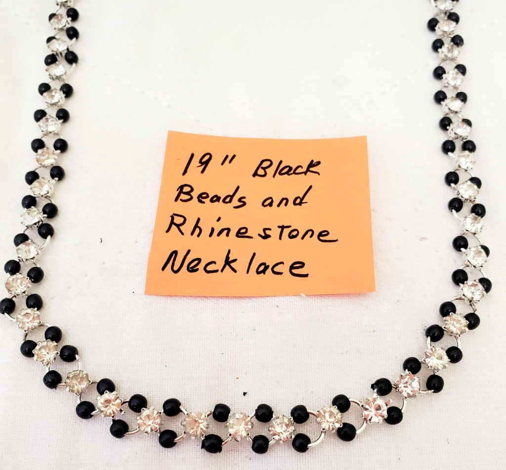 19" Black Beads and Rhinestone Link Chain Necklace