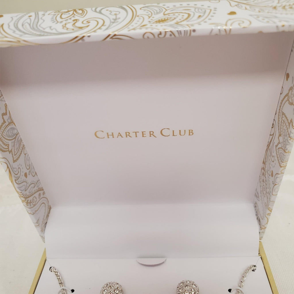 Charter Club 15”Crystal Necklace & Stud Earrings Silver Tone Jewelry Set