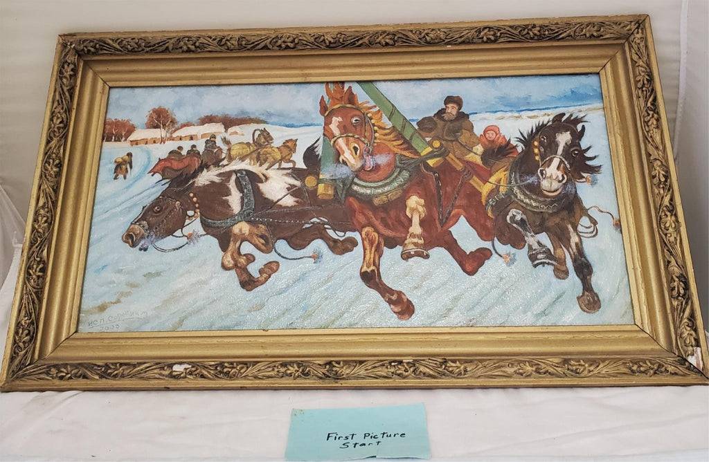 Vintage Winter Horse Sleigh Painting in Ornate Gold Frame