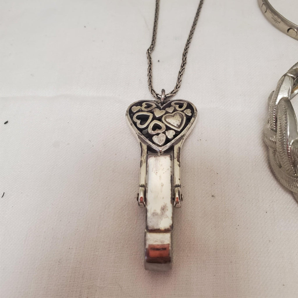 Brighton Floating Hearts Badge Clip Necklace, Silver Textured Curb Link Bracelet