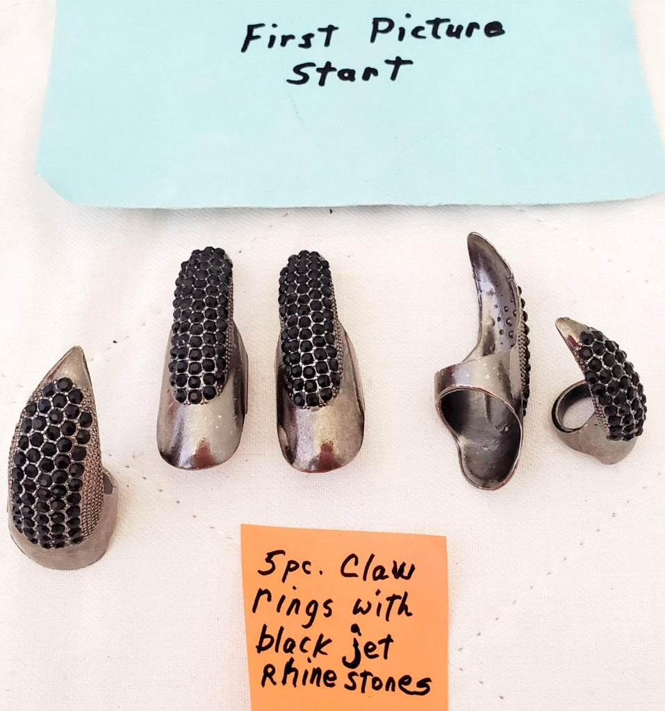 Set of 5 Claw Nail Rings with Jet Black Punk Crystal Rhinestone