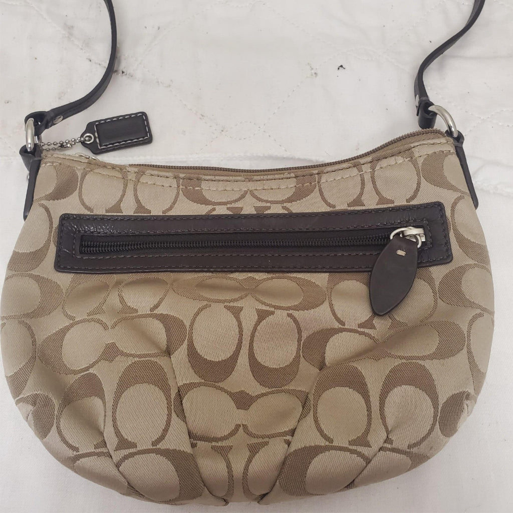 Vintage COACH Wristlet Khaki Brown Purse Leather Trim with Coach ID tag