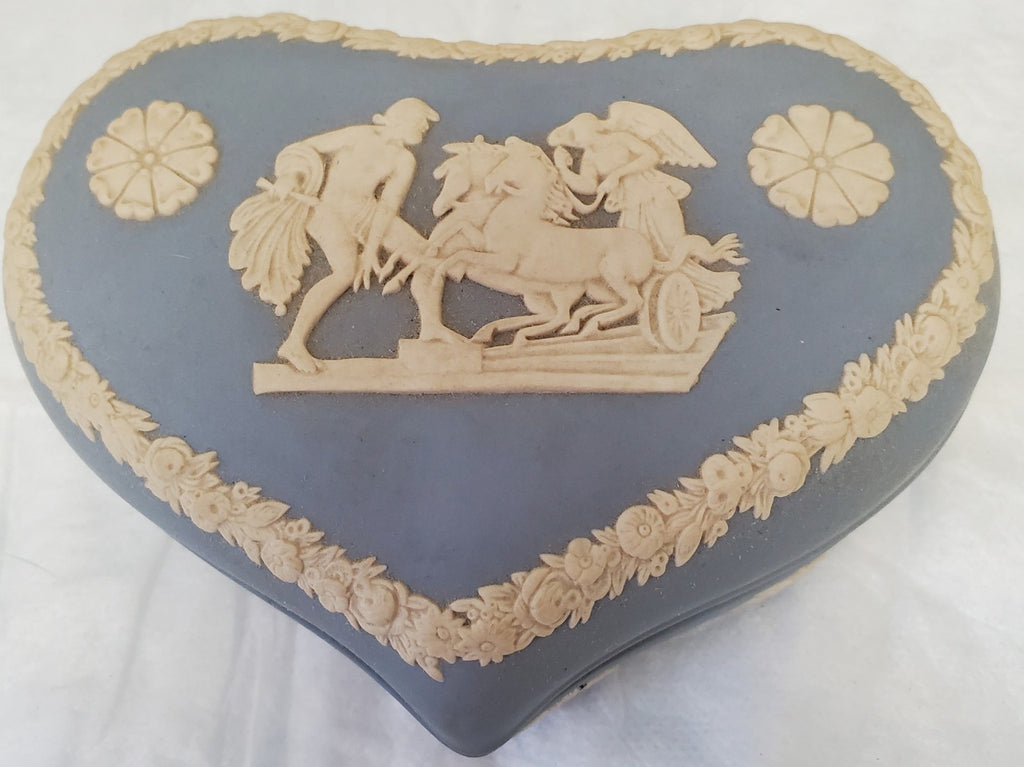 Vintage Wedgwood Blue Jasperware Heart Trinket Box Angel Horse Scene England