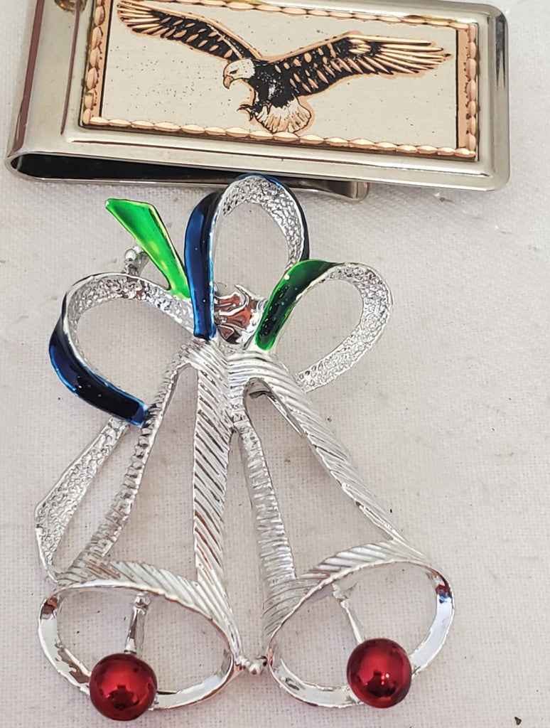 Gold Tone Eagle Money Clip, Marquise Gold Tone Key Pendant & Silver Bells Brooch