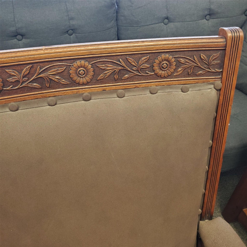 Vintage Antique Ornately Carved Wood Framed Fabric Victorian Throne Armchair