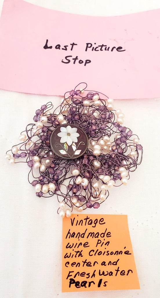 Vintage Hand Made Wire Pin with Cloisonne Center and Freshwater Pearls