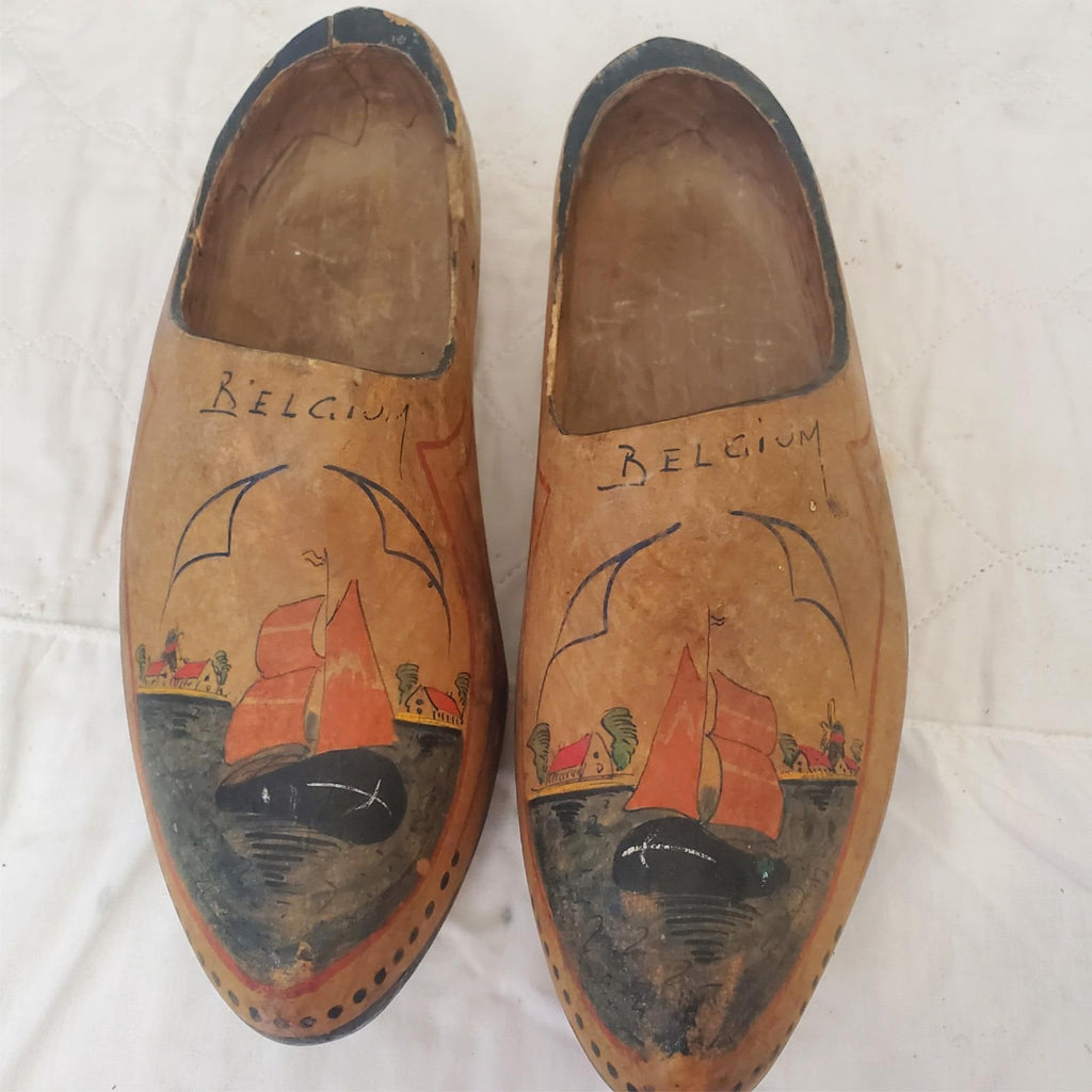 2 Antique Hand Painted Wooden Clogs Shoes Souvenir Antwerp Primitive Rustic 