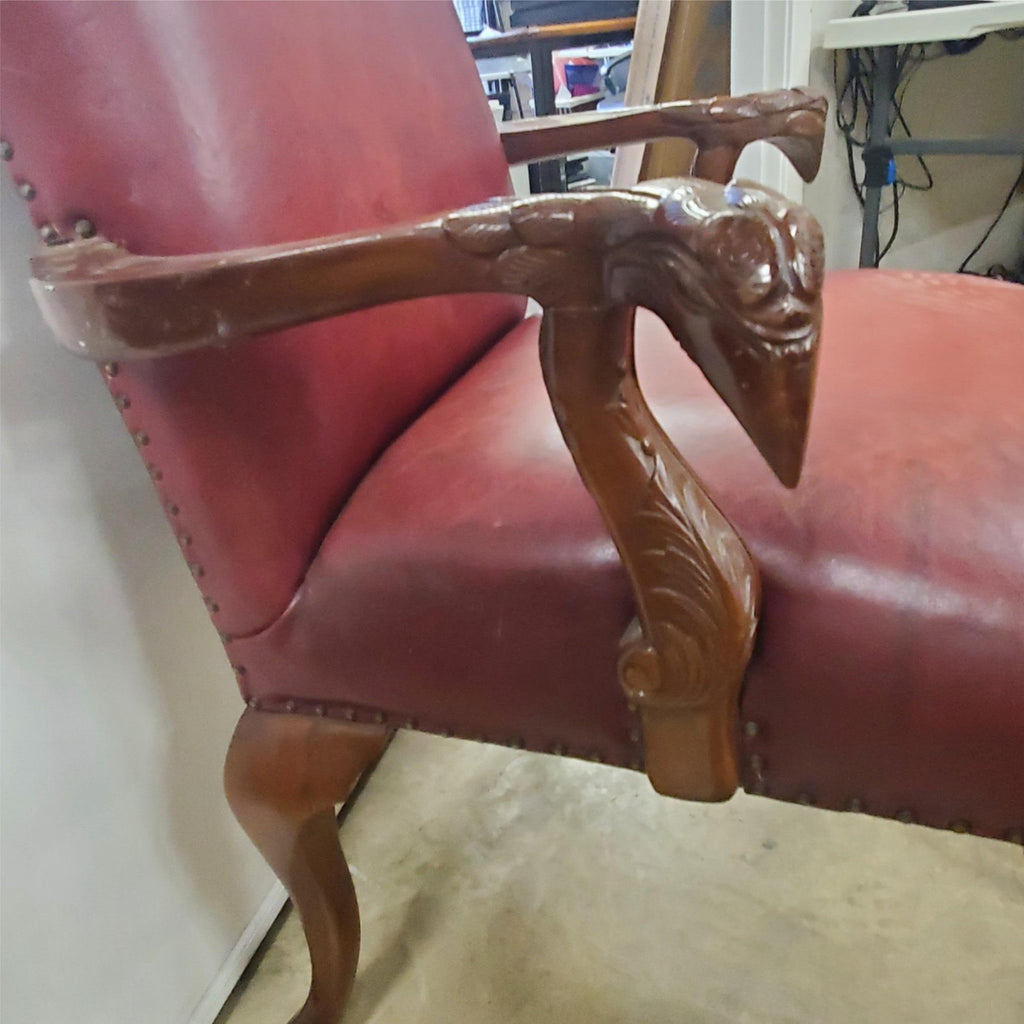 Antique Vintage Red Leather and Carved Owl Wood Armchair Law Office Chair
