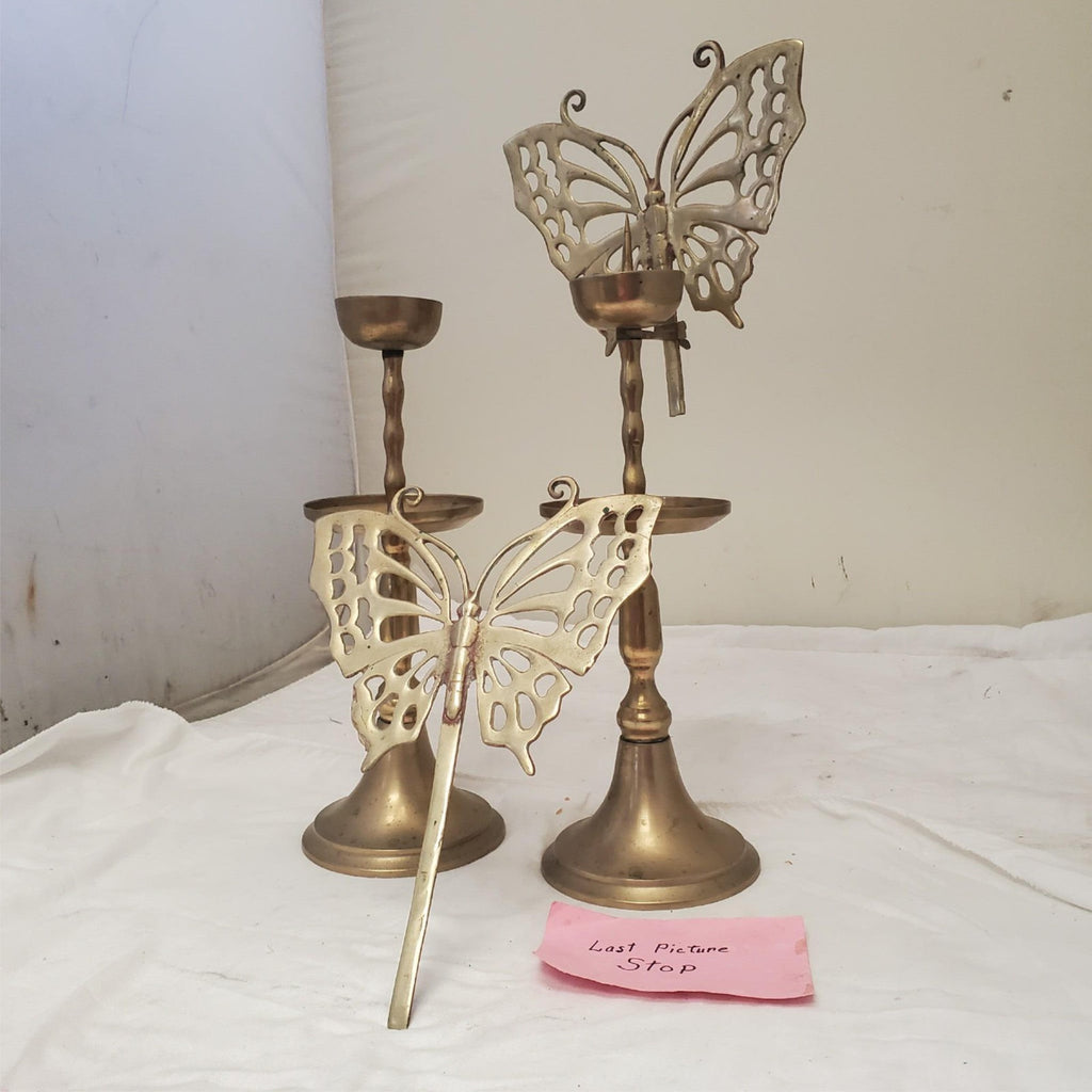 Vintage Asian Brass Candlestick Holder With Butterfly Screen Reflector 21” Tall