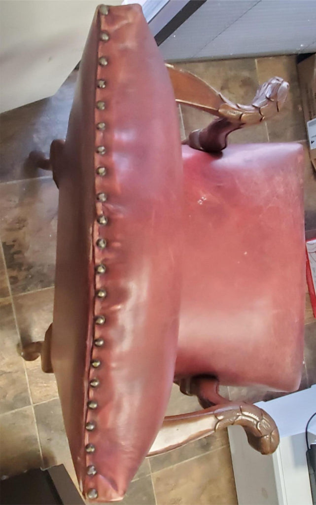 Vintage Antique Red Leather and Carved Owl Wood Armchair Law Office Chair