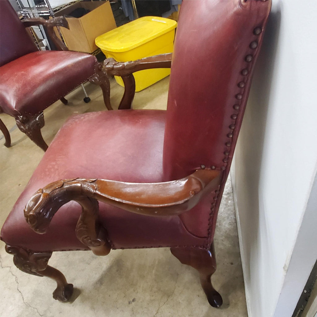 Antique Vintage Red Leather and Carved Owl Wood Armchair Law Office Chair