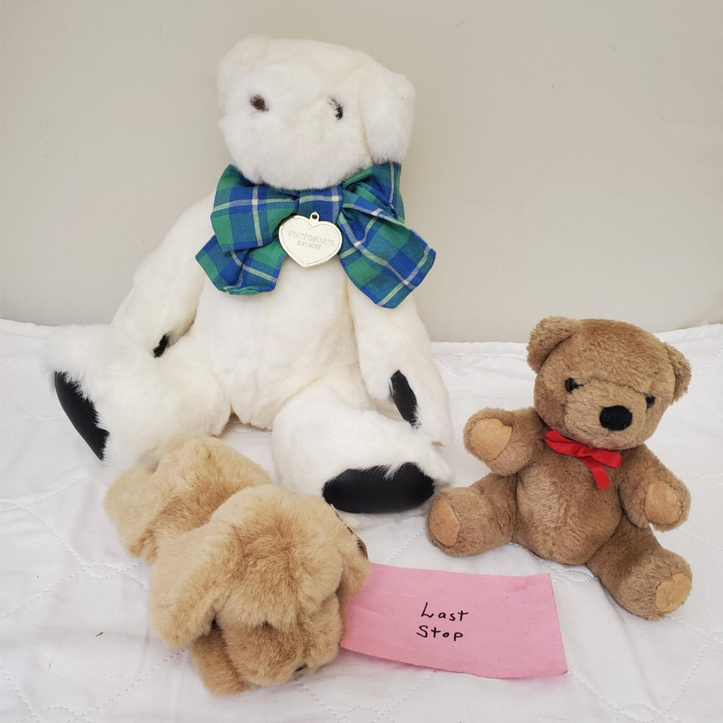 Set of 3 Vintage Plush Stuffed White Brown Bears & Dog Toys