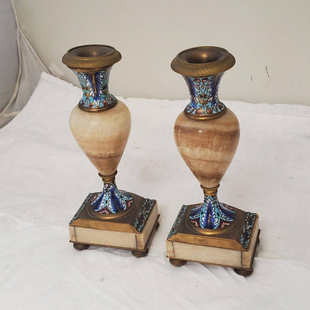 Antique French Champleve Enamel Brass Candle Holders Pair Ornate 6 1/8" Tall