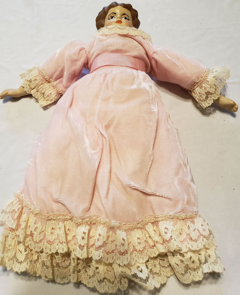 Vintage Beautiful Porcelain Girl Doll Painted Face Hoop Skirt Pink Dress