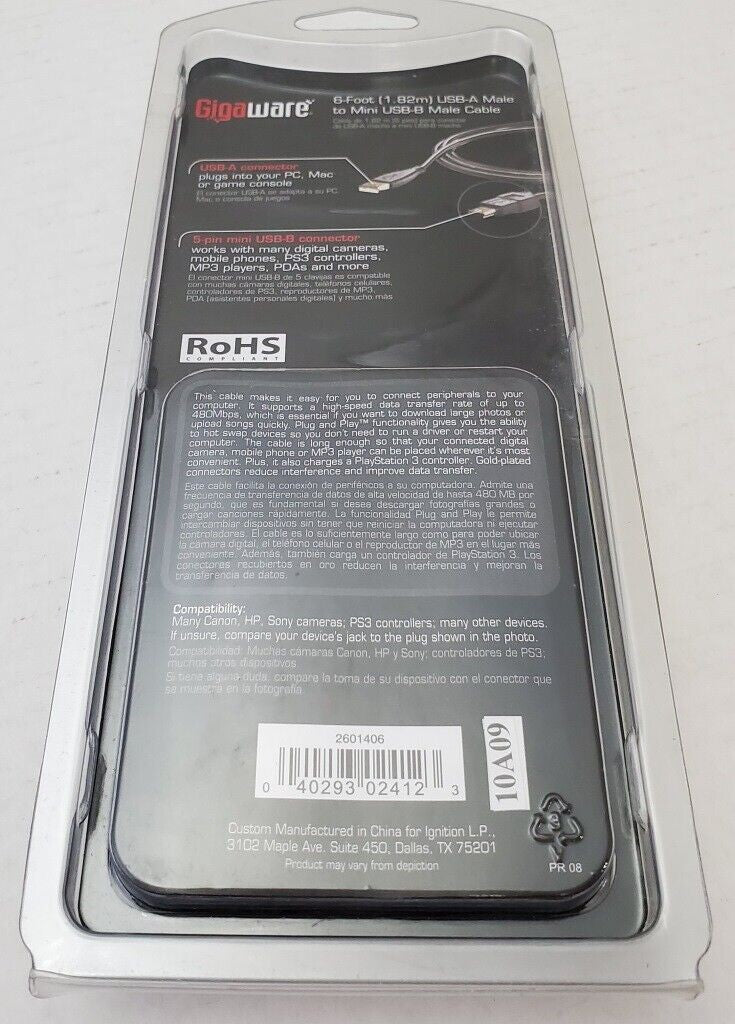 New Gigaware 6-Foot USB-A Male To Mini USB-B Male Gold Cable