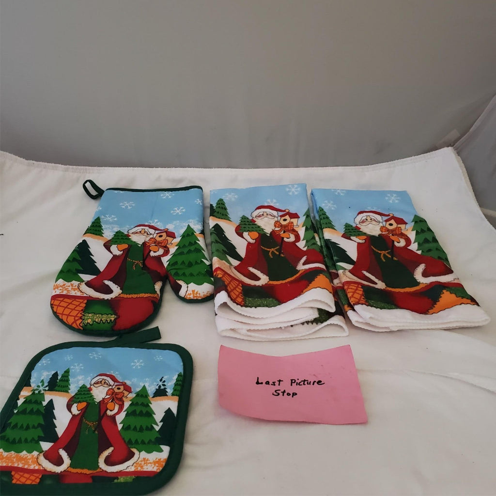 Set of 4 Christmas Santa Kitchen Towel, Oven Mitt & Pot Holder