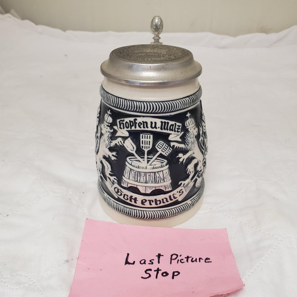 Handcrafted German Hopfen Und Malz Traditional Ceramic Beer Stein with Lid