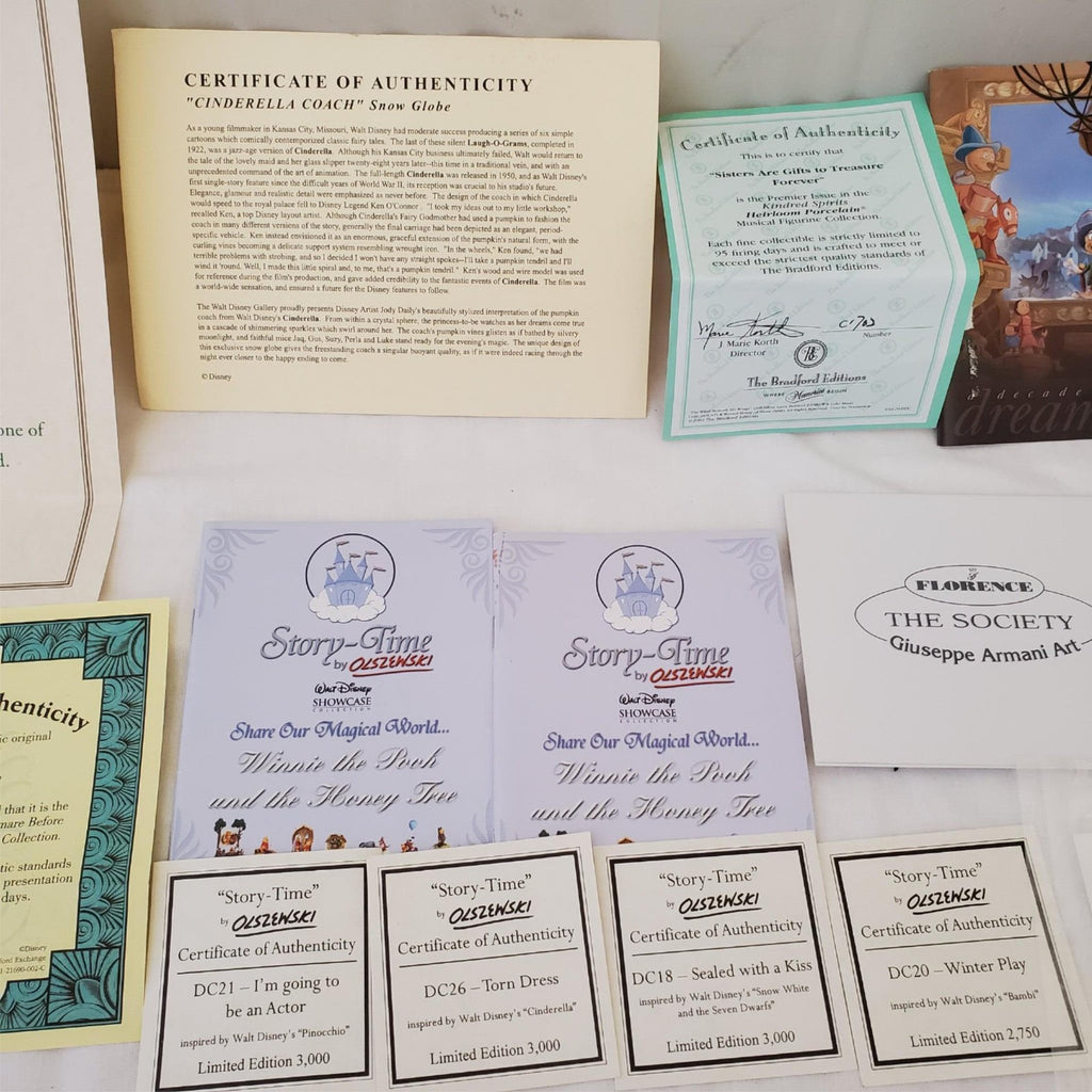 Large Lot of Disney Peanuts Certificate of Authenticity COA Paperwork