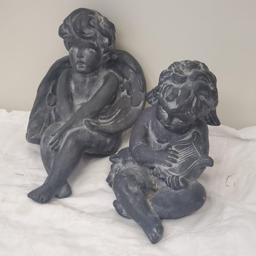 Pair of Black Angel Figurines Harp & Seated Cherub Statues