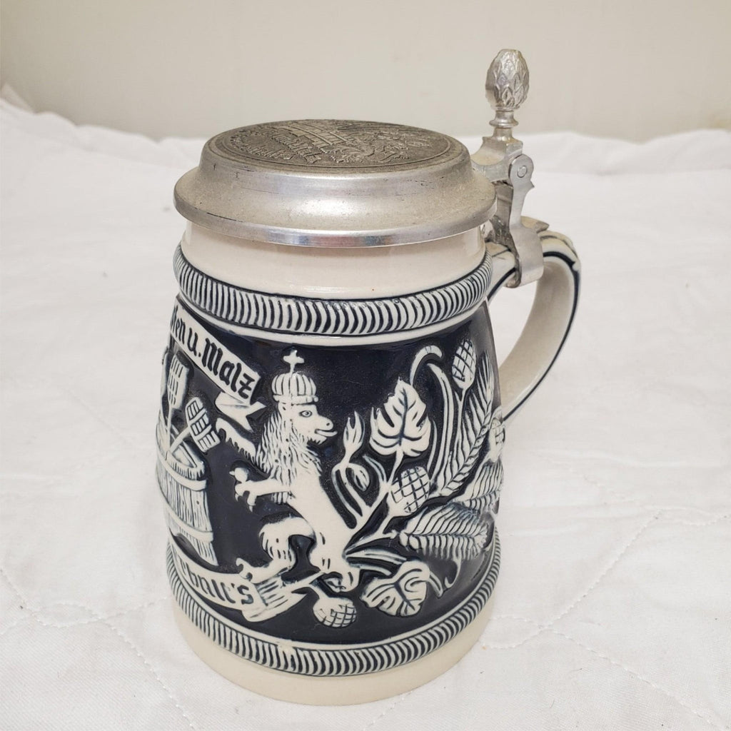 Handcrafted German Hopfen Und Malz Traditional Ceramic Beer Stein with Lid