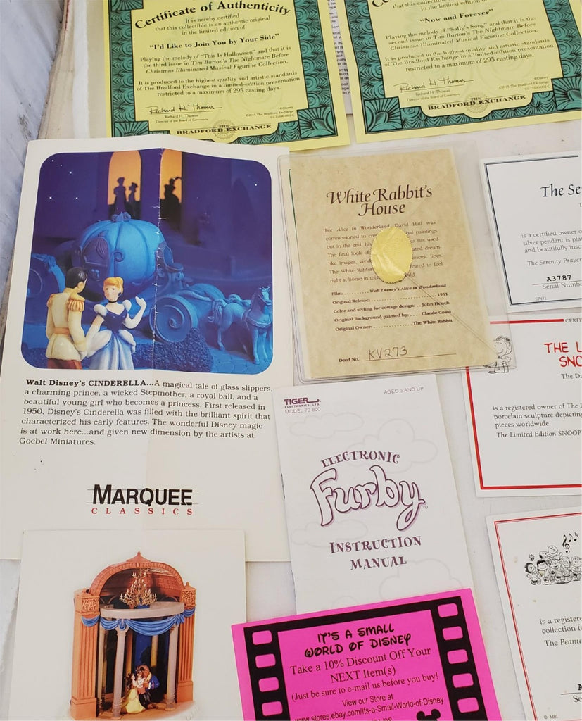 Large Lot of Disney Peanuts Certificate of Authenticity COA Paperwork