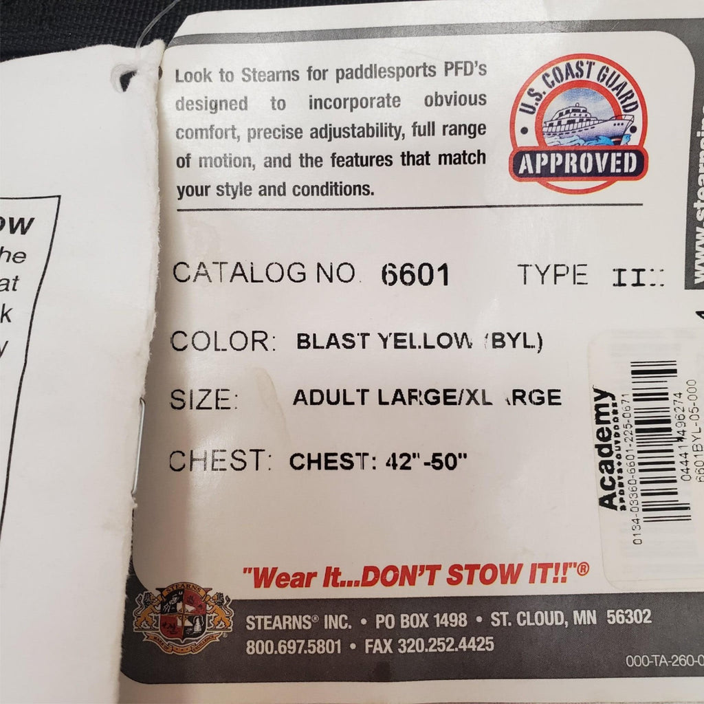 Stearns Watersports Life Jacket Catalog 6601 Type 3 PFD Adult Large/XL 42-50in 1