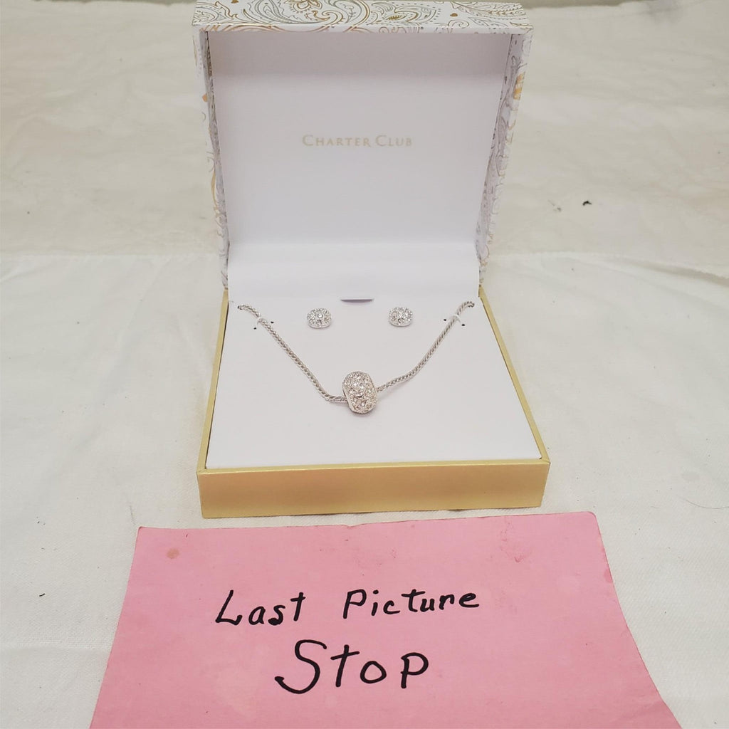 Charter Club 15”Crystal Necklace & Stud Earrings Silver Tone Jewelry Set