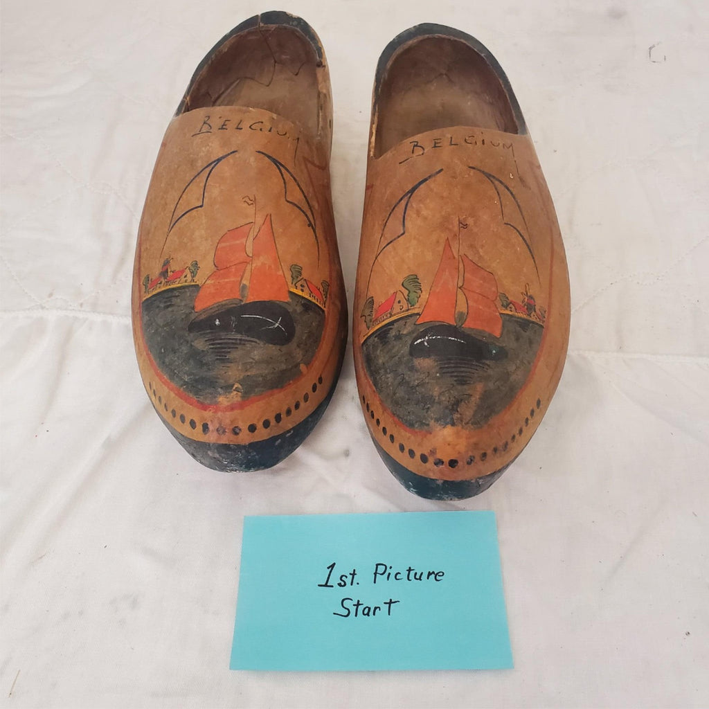 2 Antique Hand Painted Wooden Clogs Shoes Souvenir Antwerp Primitive Rustic 