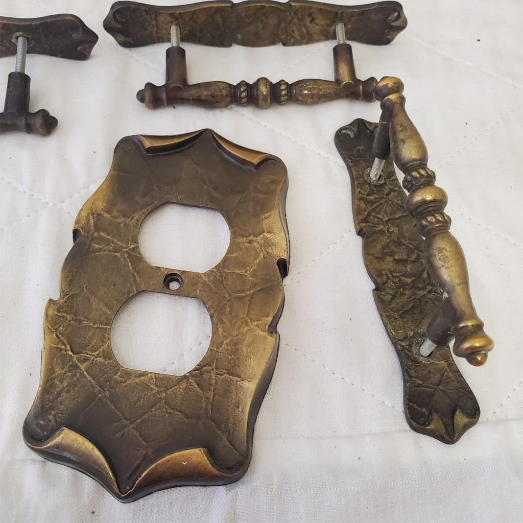 Lot of 9 Vintage Bronze Door Cabinet Drawer Handle Pulls & Switch Cover #5