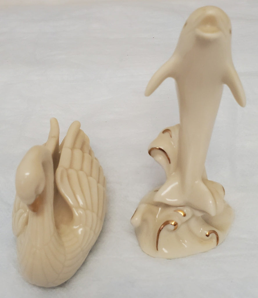 Vintage Lenox Leaping Dolphin & Swan Figurines Handcrafted with Gold Trim