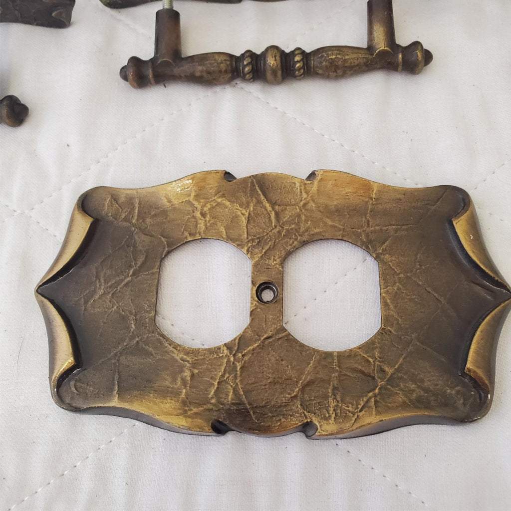 Lot of 9 Vintage Bronze Door Cabinet Drawer Handle Pulls & Switch Cover #5