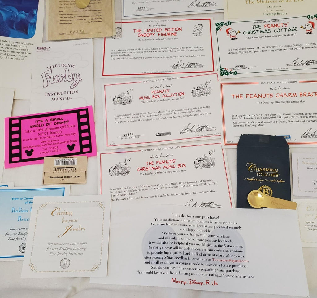 Large Lot of Disney Peanuts Certificate of Authenticity COA Paperwork