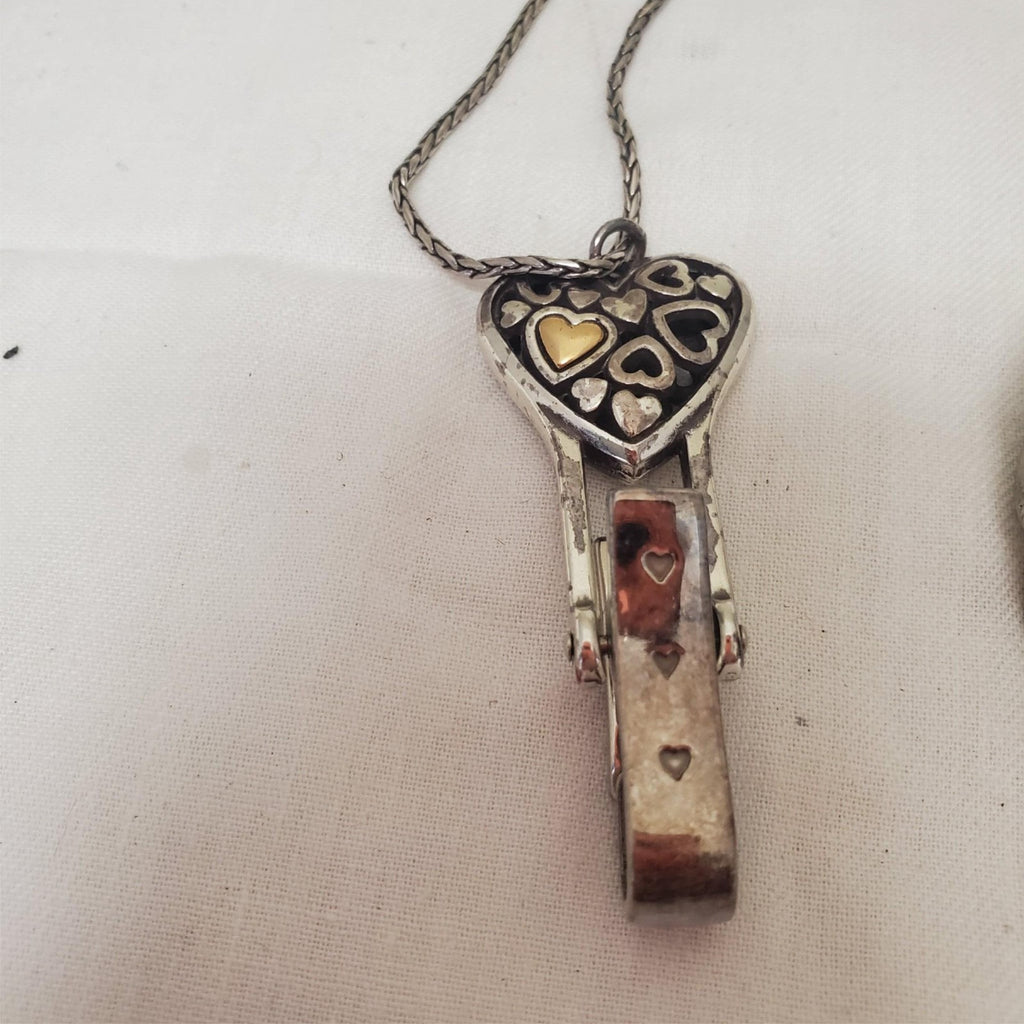 Brighton Floating Hearts Badge Clip Necklace, Silver Textured Curb Link Bracelet