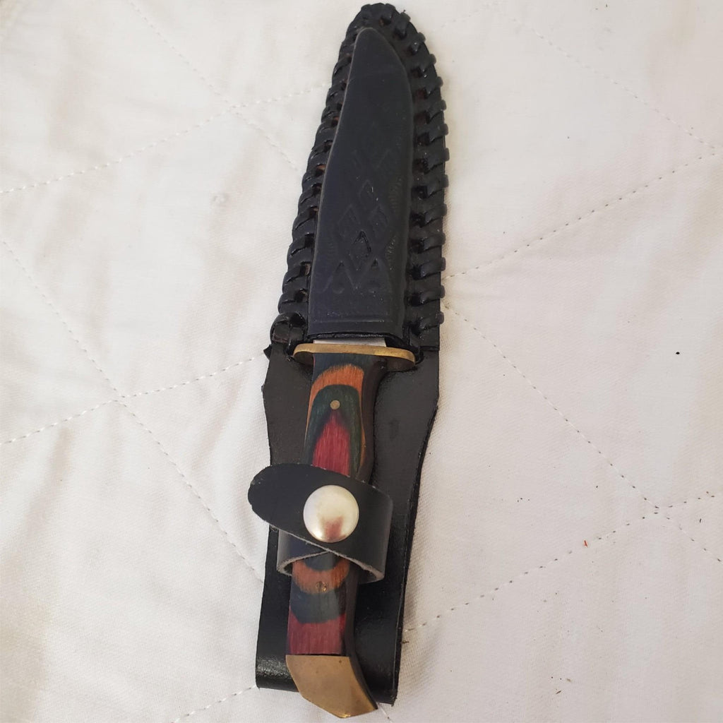 Fixed Hunting Knife Wood Layered Handle Leather Sheath