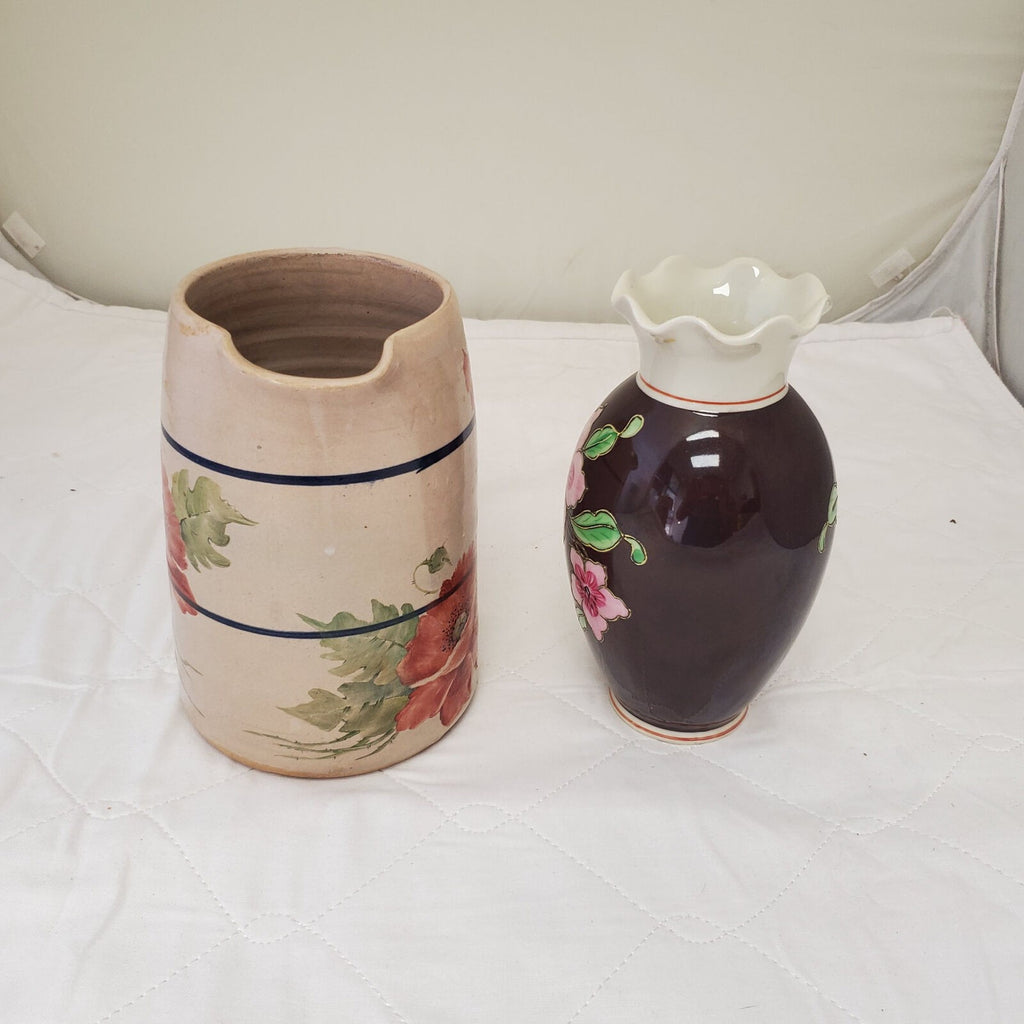 Vintage Japan Pitcher Cherry Blossom and Vase Hand Painted Porcelain