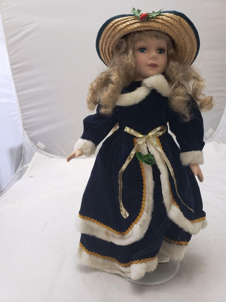Vintage Original Christmas Porcelain Girl Fashion Doll Blue/White Dress