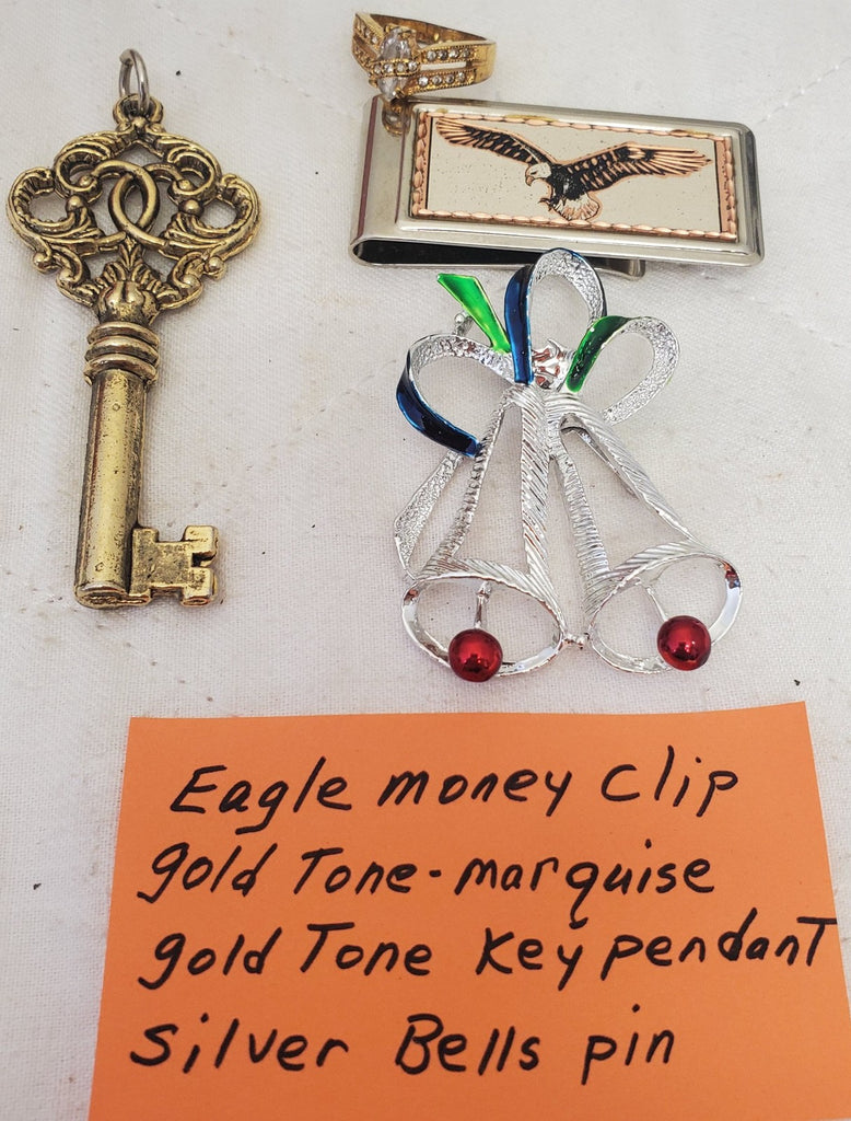 Gold Tone Eagle Money Clip, Marquise Gold Tone Key Pendant & Silver Bells Brooch