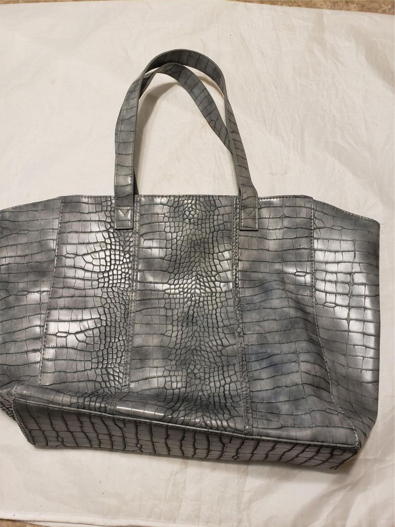 Neiman Marcus Pattern Faux Leather Shoulder Tote Snap Shopper Silver Women Bag