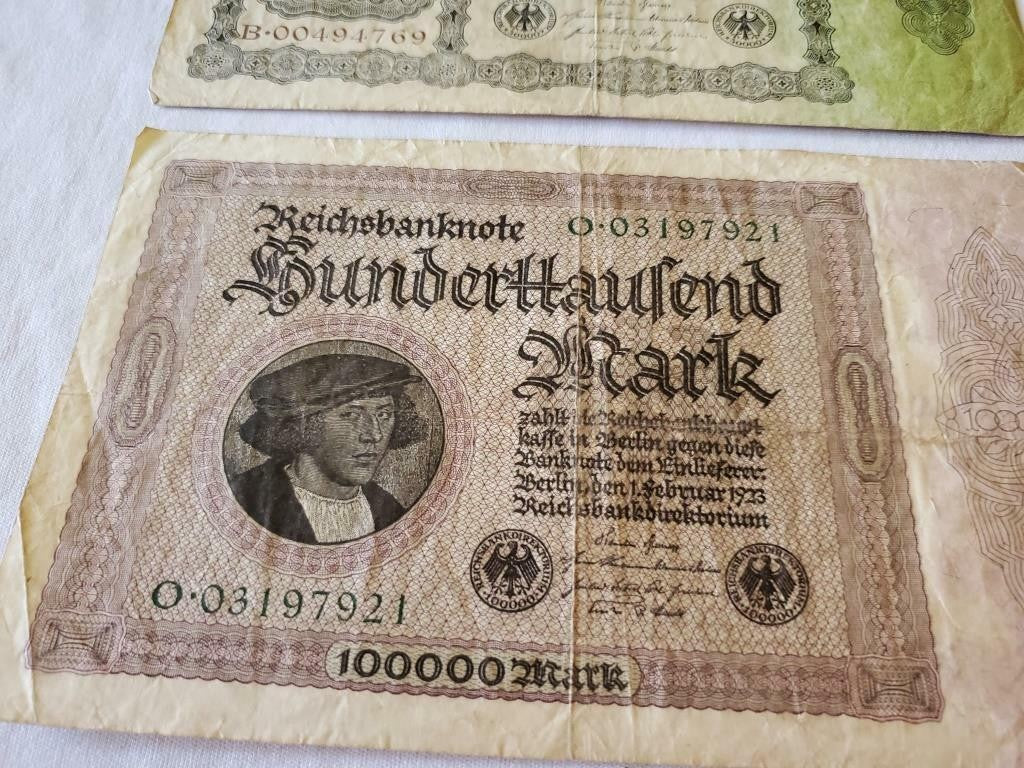 German Reichsbanknote 5000/100000/20000/1000 Mark Banknote and Lot German Stamps