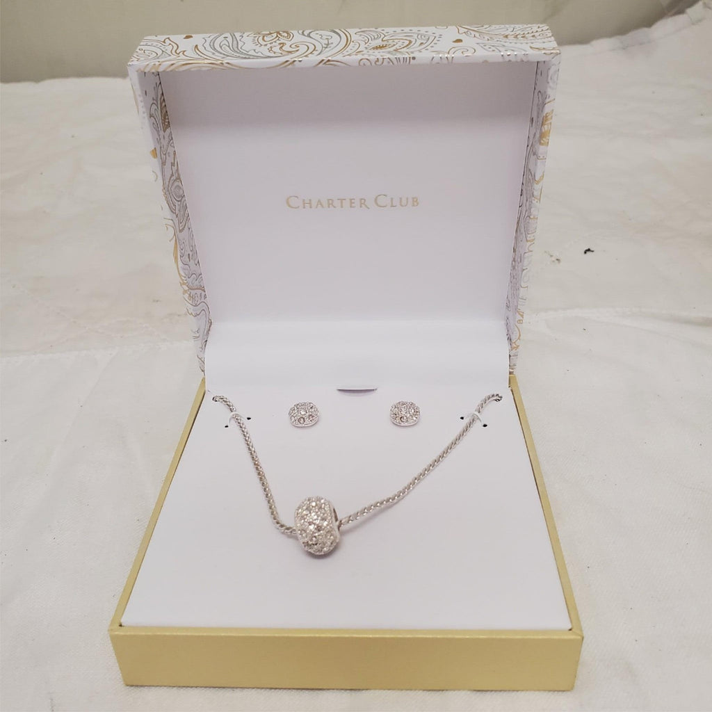 Charter Club 15”Crystal Necklace & Stud Earrings Silver Tone Jewelry Set