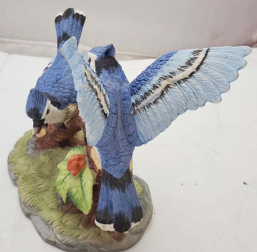 Wellington Collection Porcelain Bisque Pair of Blue Jays Figurine 7" X 8"