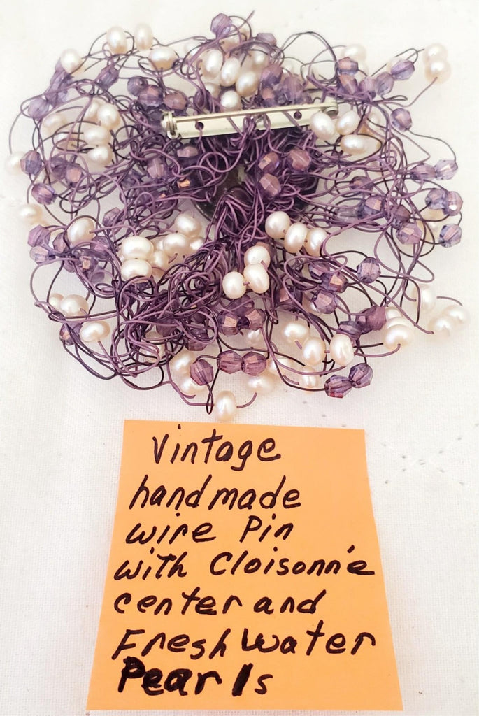 Vintage Hand Made Wire Pin with Cloisonne Center and Freshwater Pearls