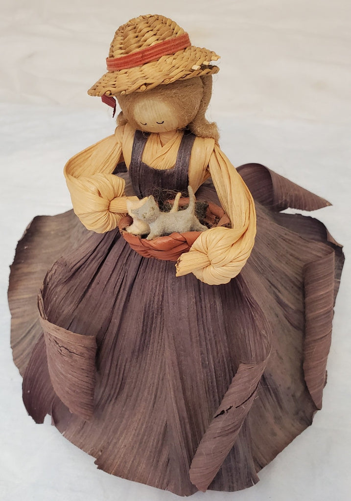 Vintage 1988 Nan’s Corn Husk Doll 7.5" Southern Belle Basket of Kittens Rare
