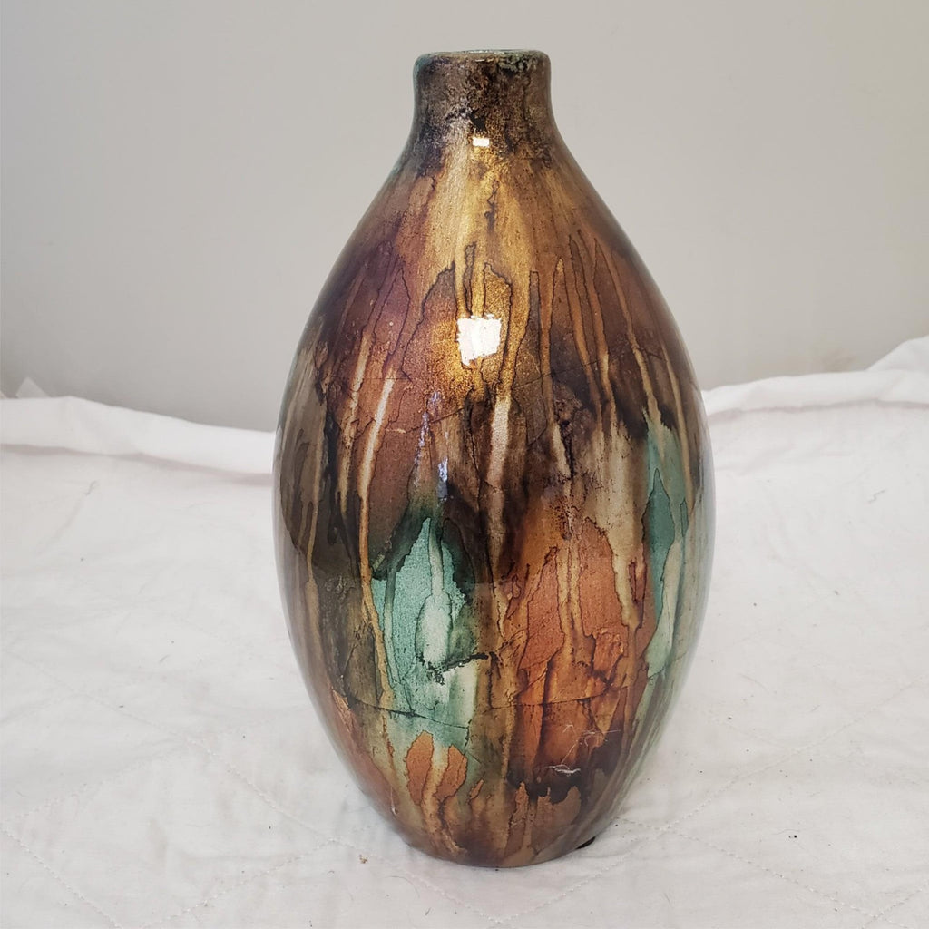 13" Turquoise Foiled & Lacquered Ceramic Vase Copper & Bronze