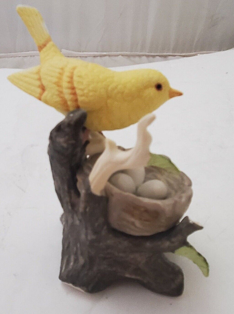 Ceramic Bird Figurine on Branch Tree Green Leaves Nest and Eggs White