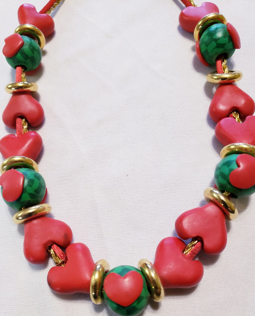 Vintage Handmade Polymer Clay Millefiori Red Hearts Design Necklace
